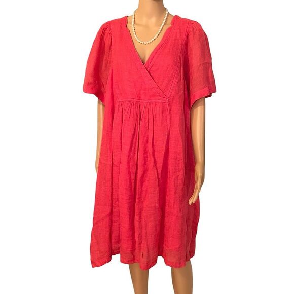 Sundance Women’s Size XL Pink/Orange Coral 100% Linen Midi Dress w/ Pockets - Picture 1 of 14